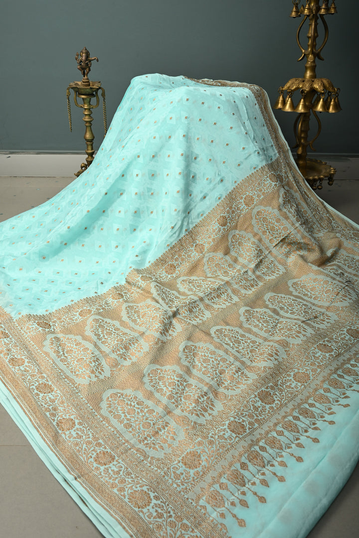 Cyan Blue Self Brocade Jaal on Banarasi Georgette Silk Saree with Antique Zari Buttis and Zari Border | SILK MARK CERTIFIED | SHOBITAM