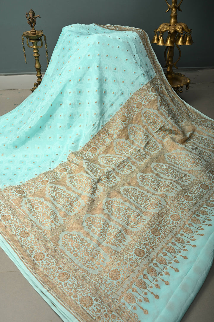 Cyan Blue Self Brocade Jaal on Banarasi Georgette Silk Saree with Antique Zari Buttis and Zari Border | SILK MARK CERTIFIED | SHOBITAM