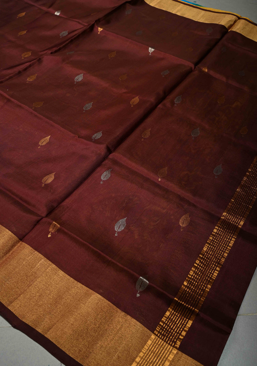 Coffee Brown Rangkaat Panel Design on Uppada Handloom Silk Saree with Gold-Silver Zari Buttas and Tissue Border | SILK MARK CERTIFIED | SHOBITAM