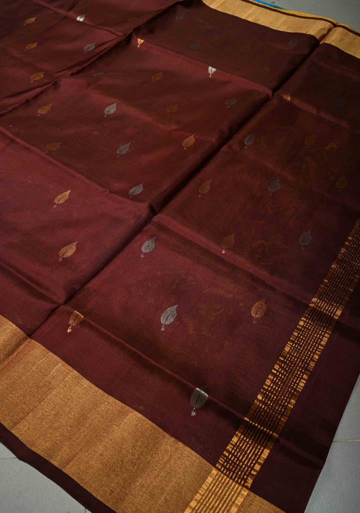Coffee Brown Rangkaat Panel Design on Uppada Handloom Silk Saree with Gold-Silver Zari Buttas and Tissue Border | SILK MARK CERTIFIED | SHOBITAM
