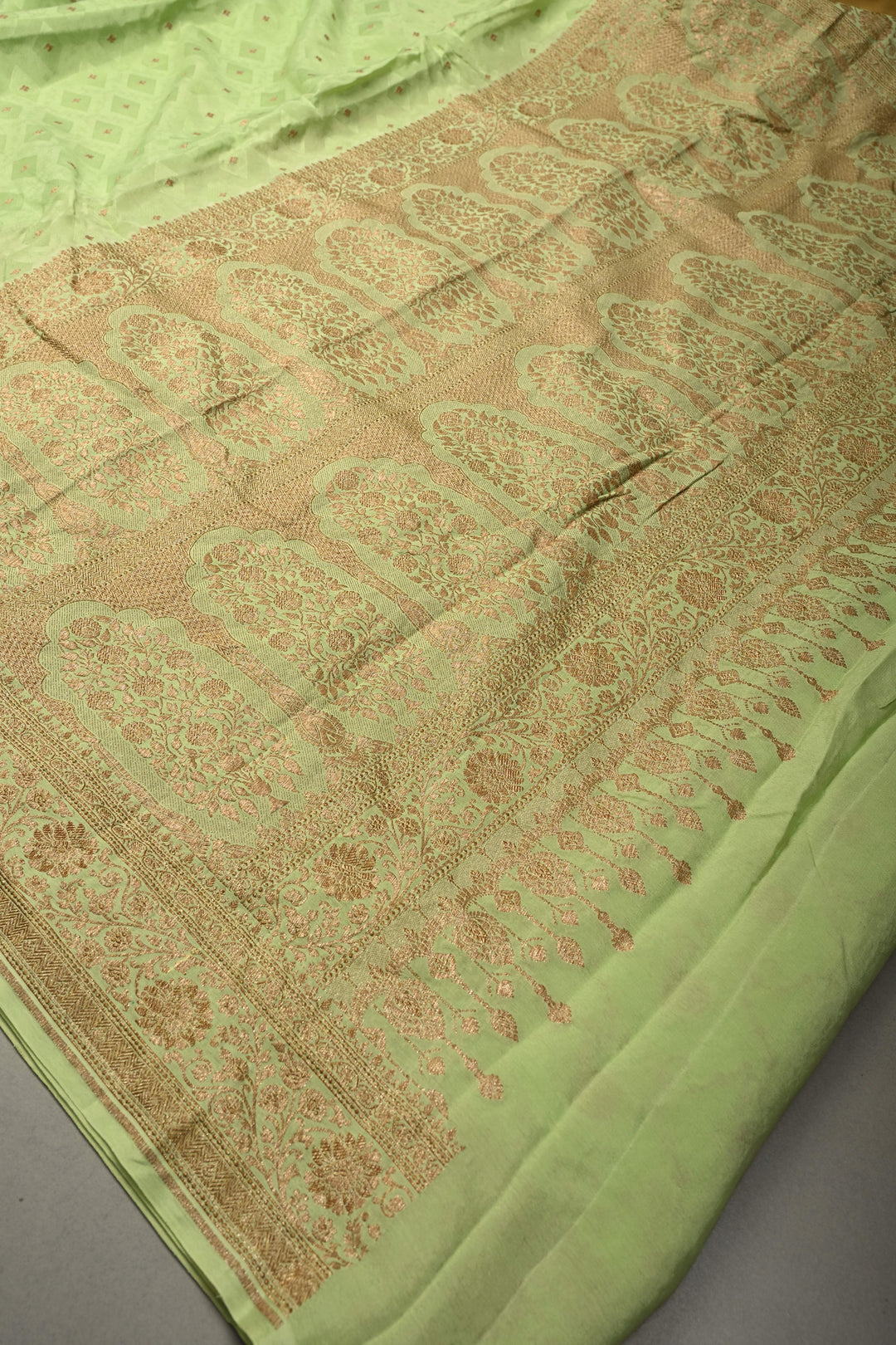 Pista Green Banarasi Silk Georgette Saree with Geometric Floral Buttis and Zari Border | SILK MARK CERTIFIED | SHOBITAM