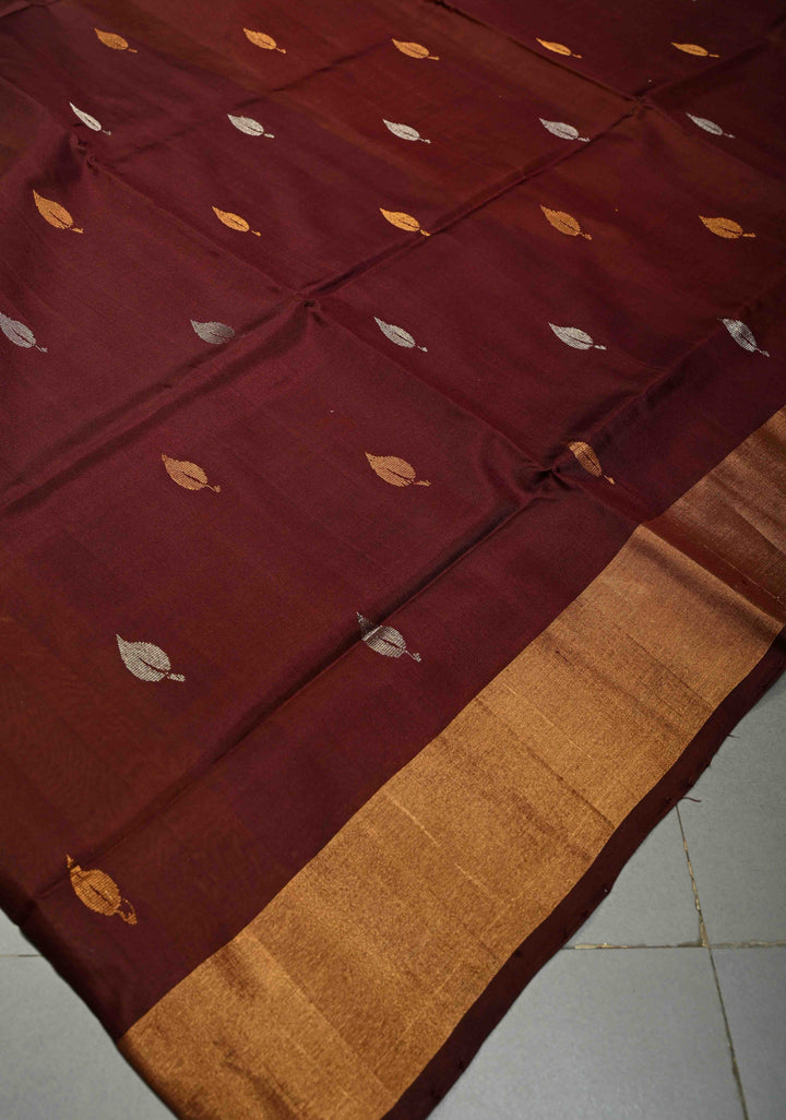 Coffee Brown Rangkaat Panel Design on Uppada Handloom Silk Saree with Gold-Silver Zari Buttas and Tissue Border | SILK MARK CERTIFIED | SHOBITAM