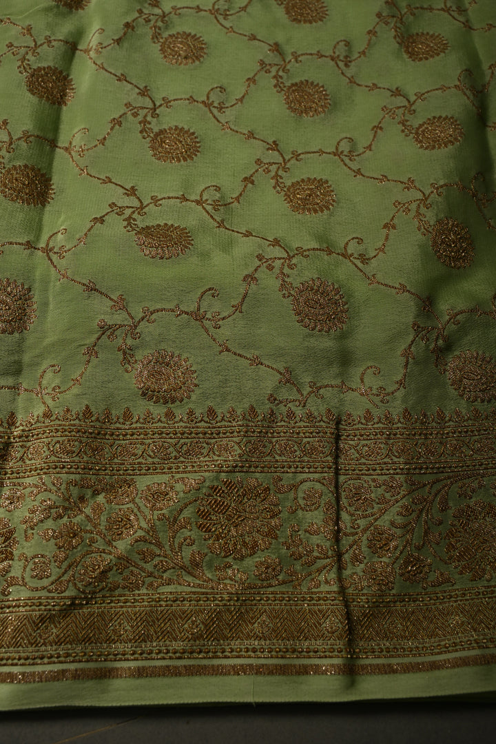 Pista Green Banarasi Silk Georgette Saree with Geometric Floral Buttis and Zari Border | SILK MARK CERTIFIED | SHOBITAM