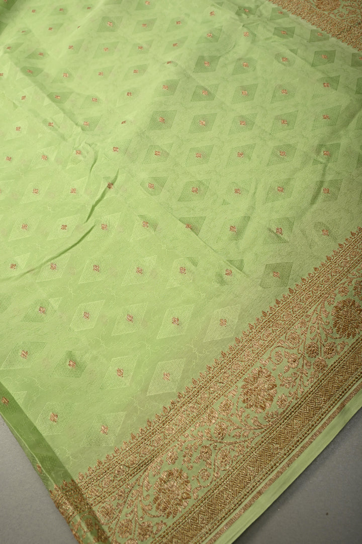 Pista Green Banarasi Silk Georgette Saree with Geometric Floral Buttis and Zari Border | SILK MARK CERTIFIED | SHOBITAM