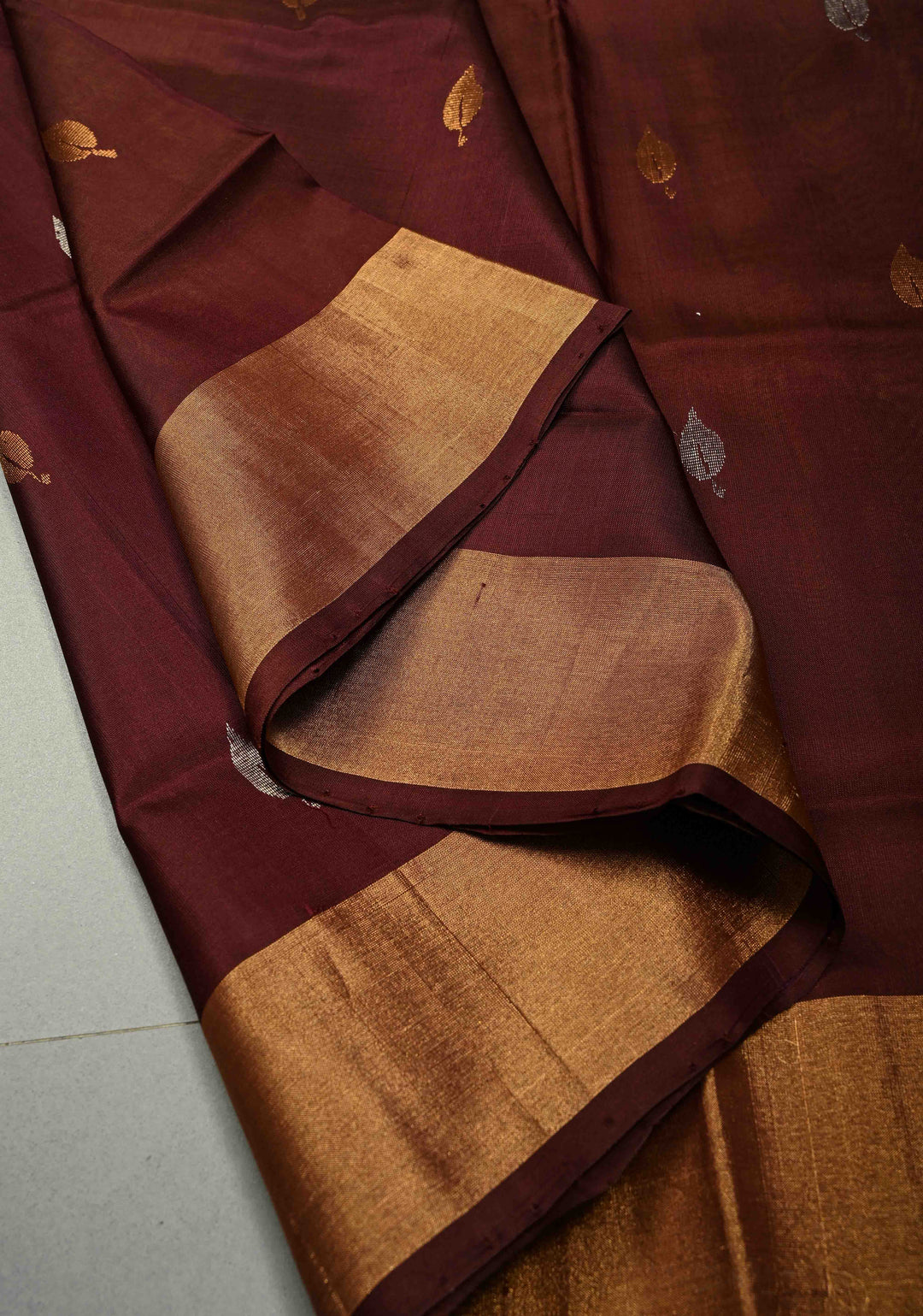 Coffee Brown Rangkaat Panel Design on Uppada Handloom Silk Saree with Gold-Silver Zari Buttas and Tissue Border | SILK MARK CERTIFIED | SHOBITAM