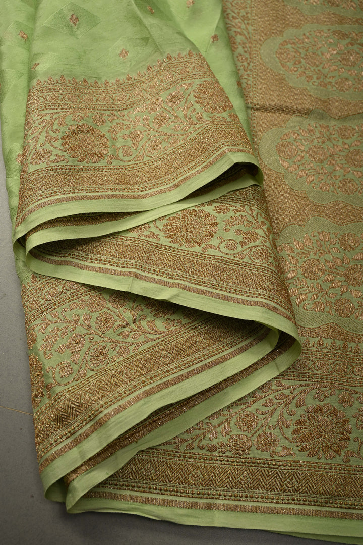 Pista Green Banarasi Silk Georgette Saree with Geometric Floral Buttis and Zari Border | SILK MARK CERTIFIED | SHOBITAM