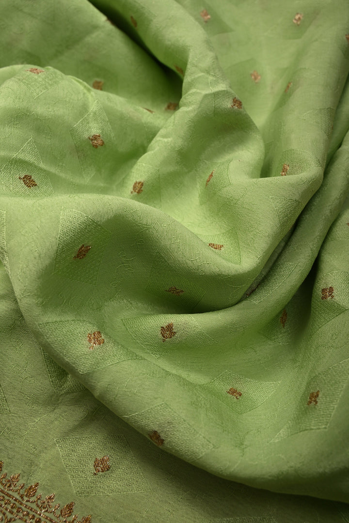 Pista Green Banarasi Silk Georgette Saree with Geometric Floral Buttis and Zari Border | SILK MARK CERTIFIED | SHOBITAM