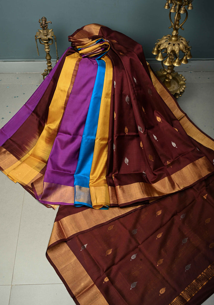 Coffee Brown Rangkaat Panel Design on Uppada Handloom Silk Saree with Gold-Silver Zari Buttas and Tissue Border | SILK MARK CERTIFIED | SHOBITAM