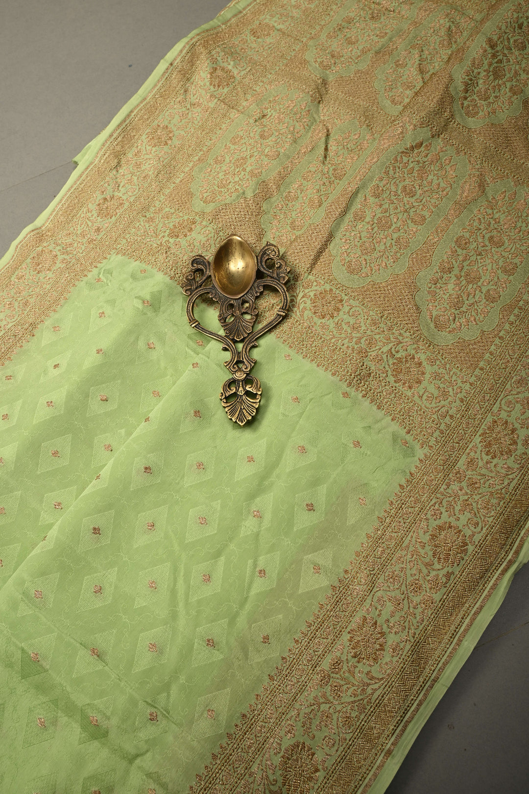 Pista Green Banarasi Silk Georgette Saree with Geometric Floral Buttis and Zari Border | SILK MARK CERTIFIED | SHOBITAM