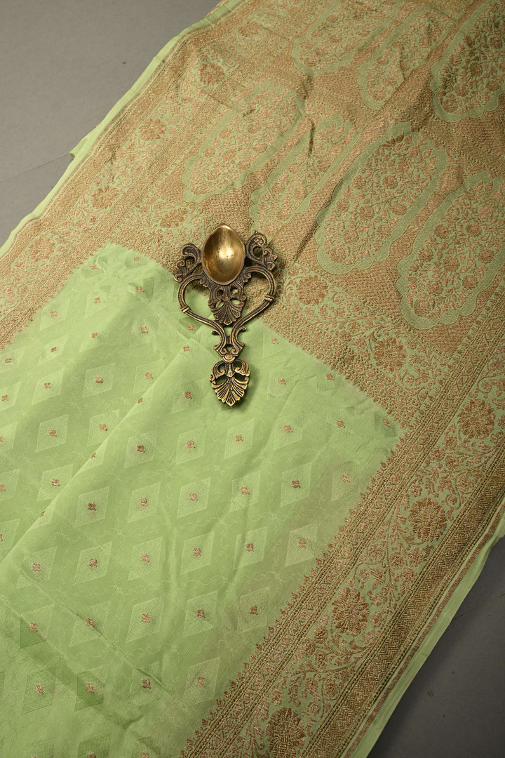 Pista Green Banarasi Silk Georgette Saree with Geometric Floral Buttis and Zari Border | SILK MARK CERTIFIED | SHOBITAM
