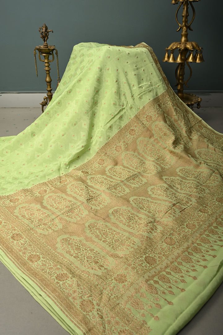 Pista Green Banarasi Silk Georgette Saree with Geometric Floral Buttis and Zari Border | SILK MARK CERTIFIED | SHOBITAM