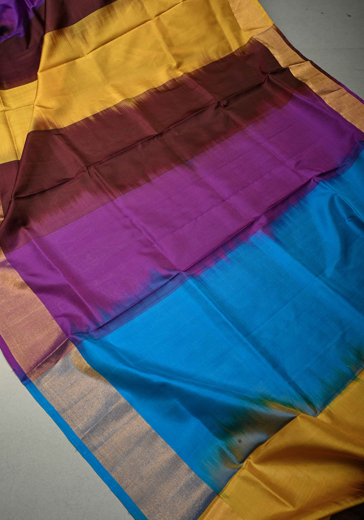 Coffee Brown Rangkaat Panel Design on Uppada Handloom Silk Saree with Gold-Silver Zari Buttas and Tissue Border | SILK MARK CERTIFIED | SHOBITAM