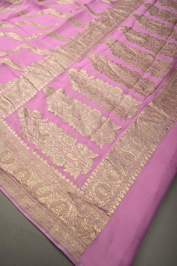 Rose Pink Banarasi Silk Georgette Saree with Floral Stripes Jaal and Zari Border | SILK MARK CERTIFIED | SHOBITAM