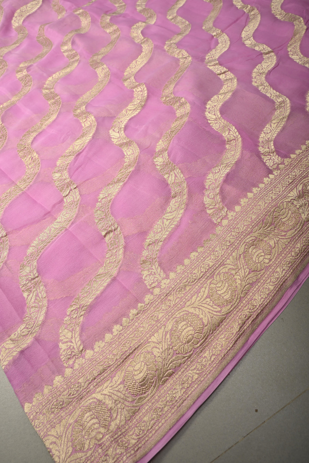 Rose Pink Banarasi Silk Georgette Saree with Floral Stripes Jaal and Zari Border | SILK MARK CERTIFIED | SHOBITAM