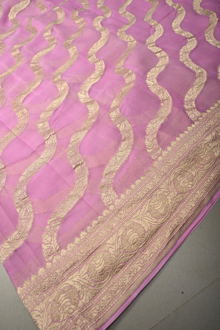 Rose Pink Banarasi Silk Georgette Saree with Floral Stripes Jaal and Zari Border | SILK MARK CERTIFIED | SHOBITAM