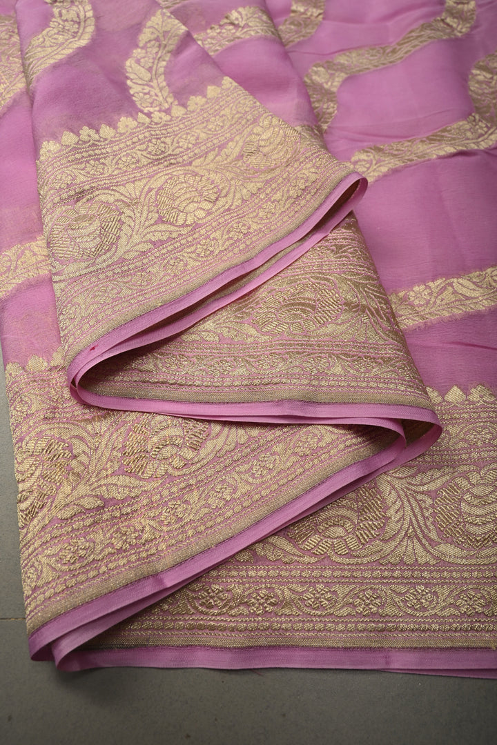 Rose Pink Banarasi Silk Georgette Saree with Floral Stripes Jaal and Zari Border | SILK MARK CERTIFIED | SHOBITAM