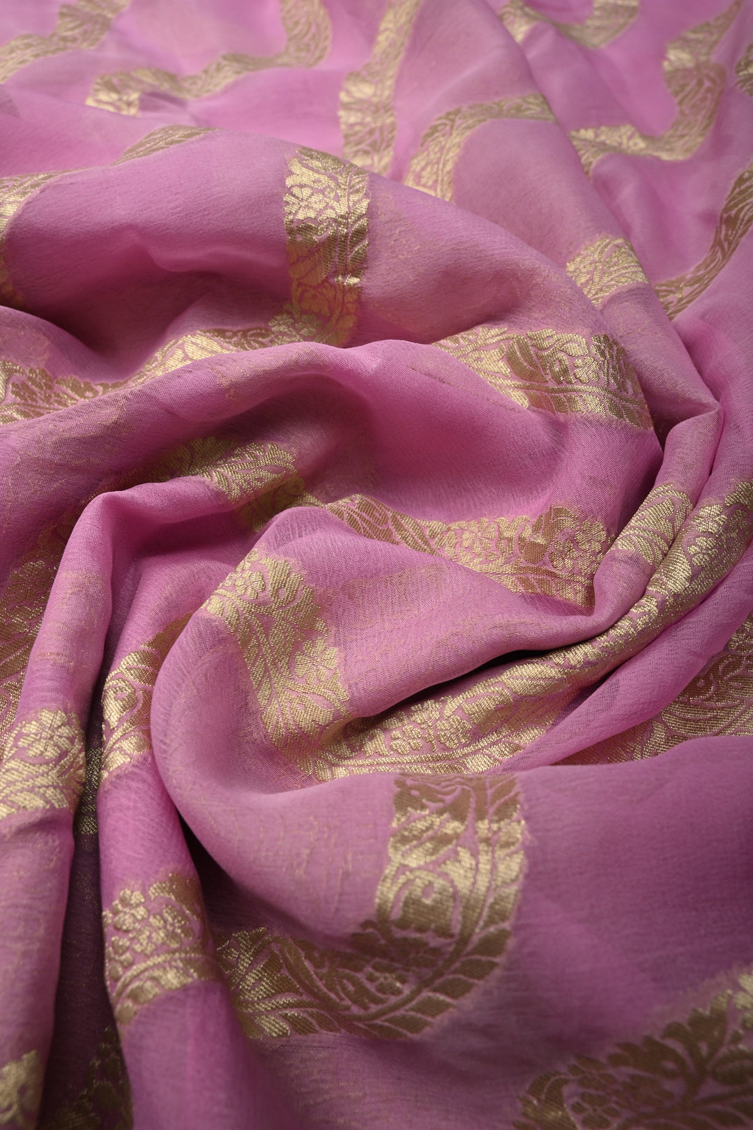 Rose Pink Banarasi Silk Georgette Saree with Floral Stripes Jaal and Zari Border | SILK MARK CERTIFIED | SHOBITAM