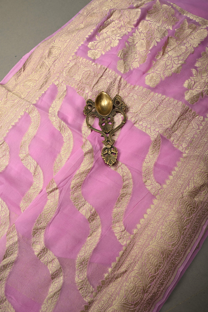 Rose Pink Banarasi Silk Georgette Saree with Floral Stripes Jaal and Zari Border | SILK MARK CERTIFIED | SHOBITAM