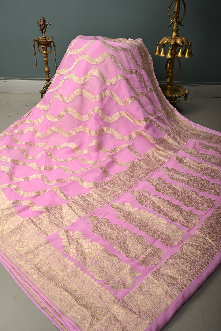 Rose Pink Banarasi Silk Georgette Saree with Floral Stripes Jaal and Zari Border | SILK MARK CERTIFIED | SHOBITAM