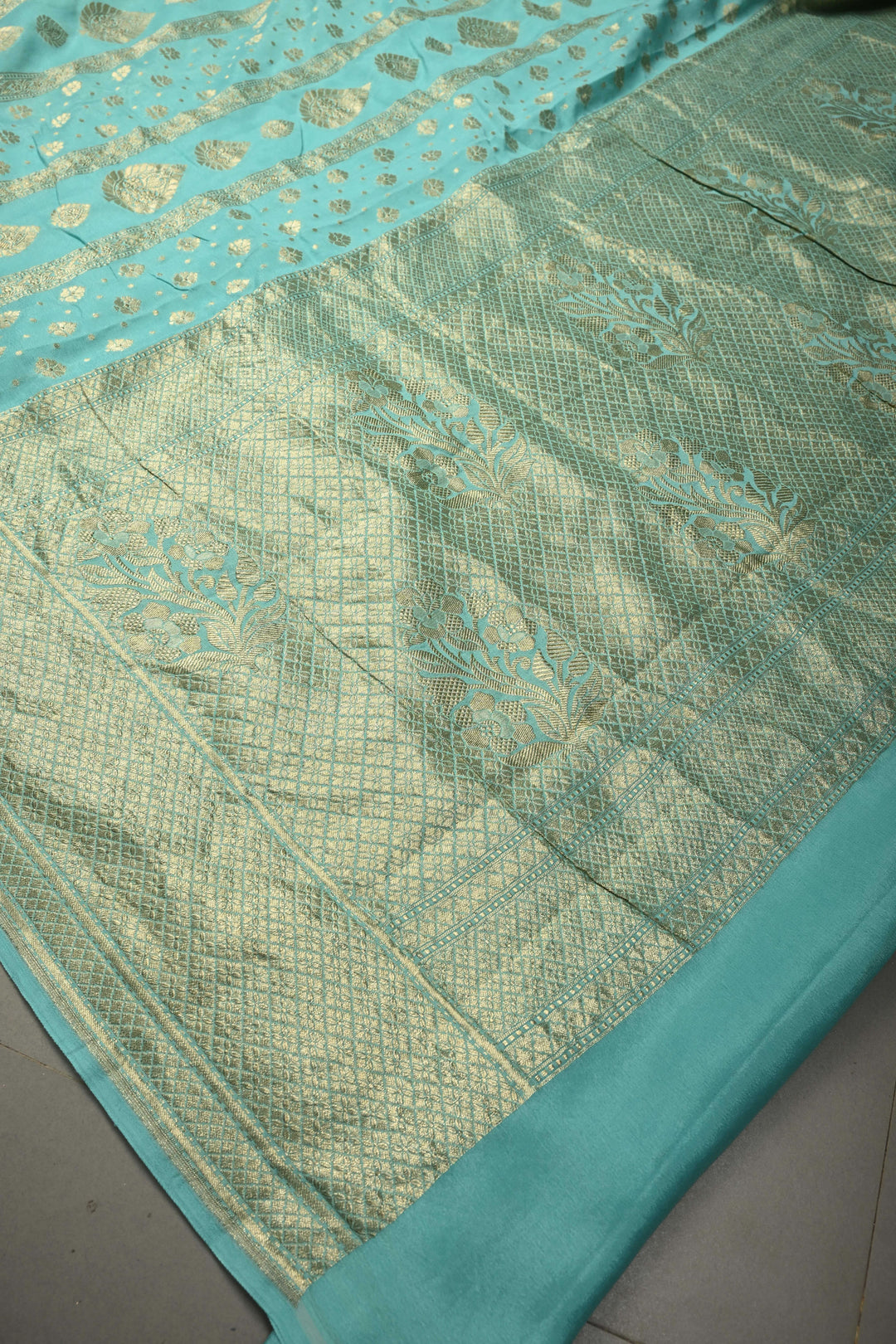 Turquoise Banarasi Georgette Silk Saree with Zari Stripes-Buttas and Zari Border | SILK MARK CERTIFIED | SHOBITAM