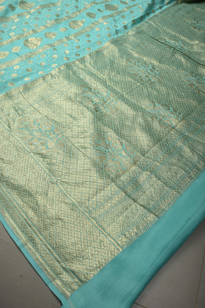 Turquoise Banarasi Georgette Silk Saree with Zari Stripes-Buttas and Zari Border | SILK MARK CERTIFIED | SHOBITAM