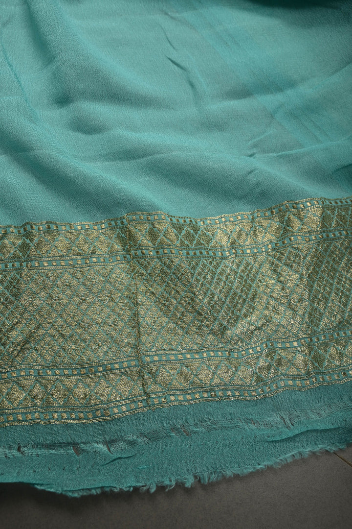 Turquoise Banarasi Georgette Silk Saree with Zari Stripes-Buttas and Zari Border | SILK MARK CERTIFIED | SHOBITAM