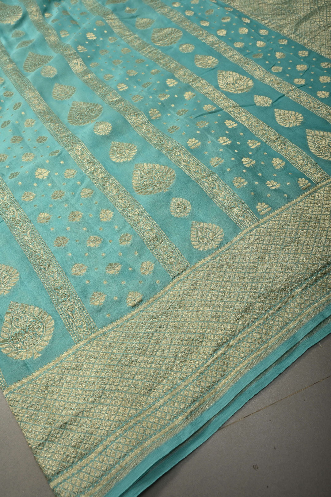 Turquoise Banarasi Georgette Silk Saree with Zari Stripes-Buttas and Zari Border | SILK MARK CERTIFIED | SHOBITAM