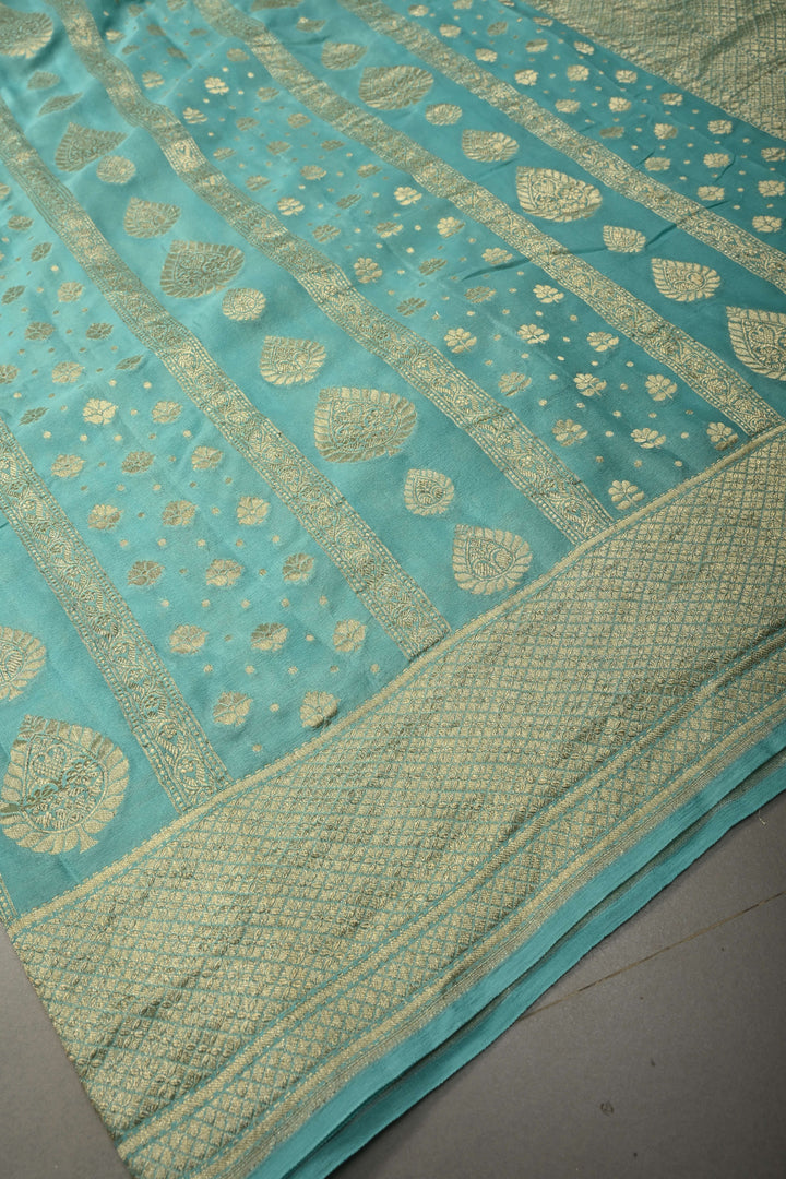 Turquoise Banarasi Georgette Silk Saree with Zari Stripes-Buttas and Zari Border | SILK MARK CERTIFIED | SHOBITAM