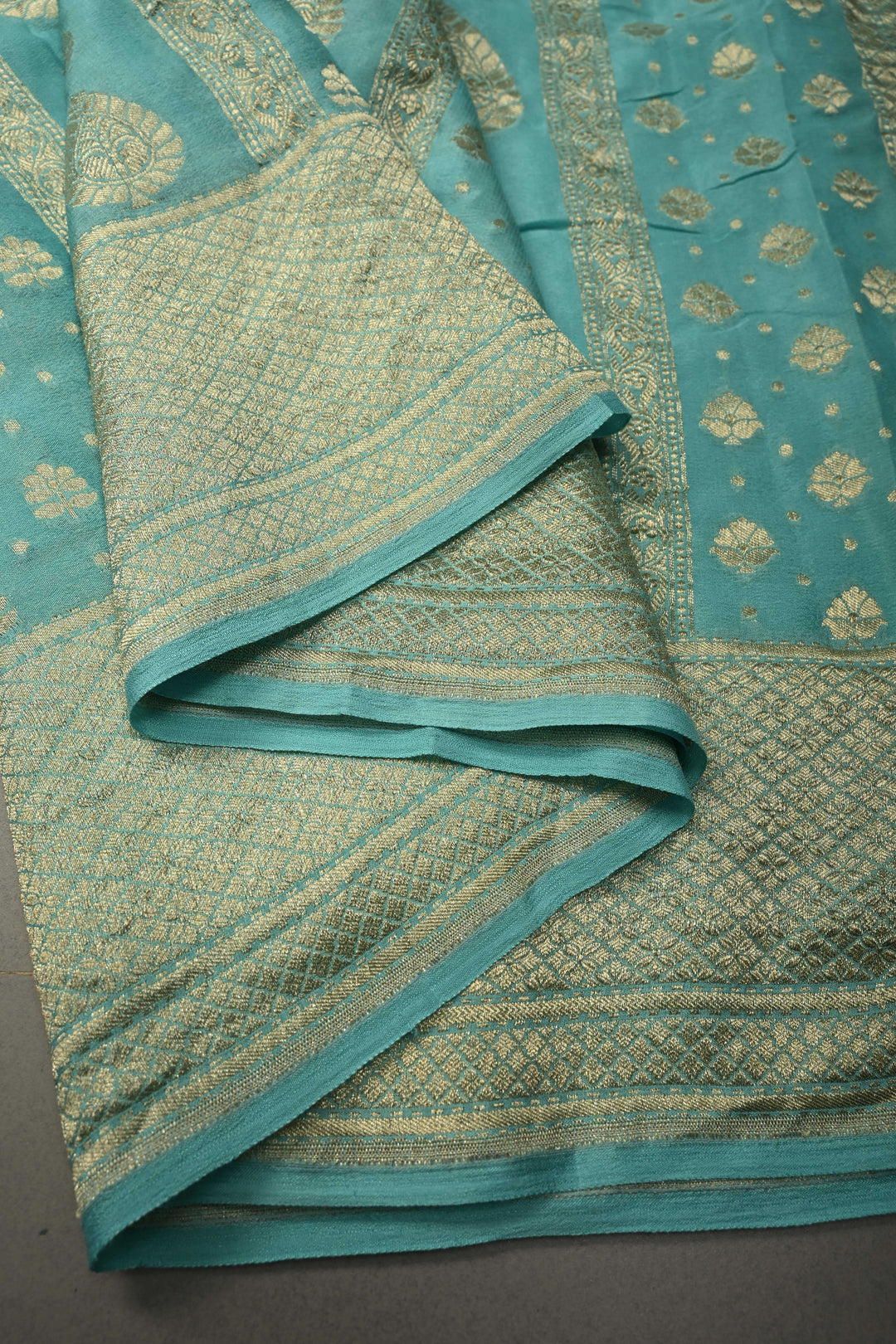 Turquoise Banarasi Georgette Silk Saree with Zari Stripes-Buttas and Zari Border | SILK MARK CERTIFIED | SHOBITAM
