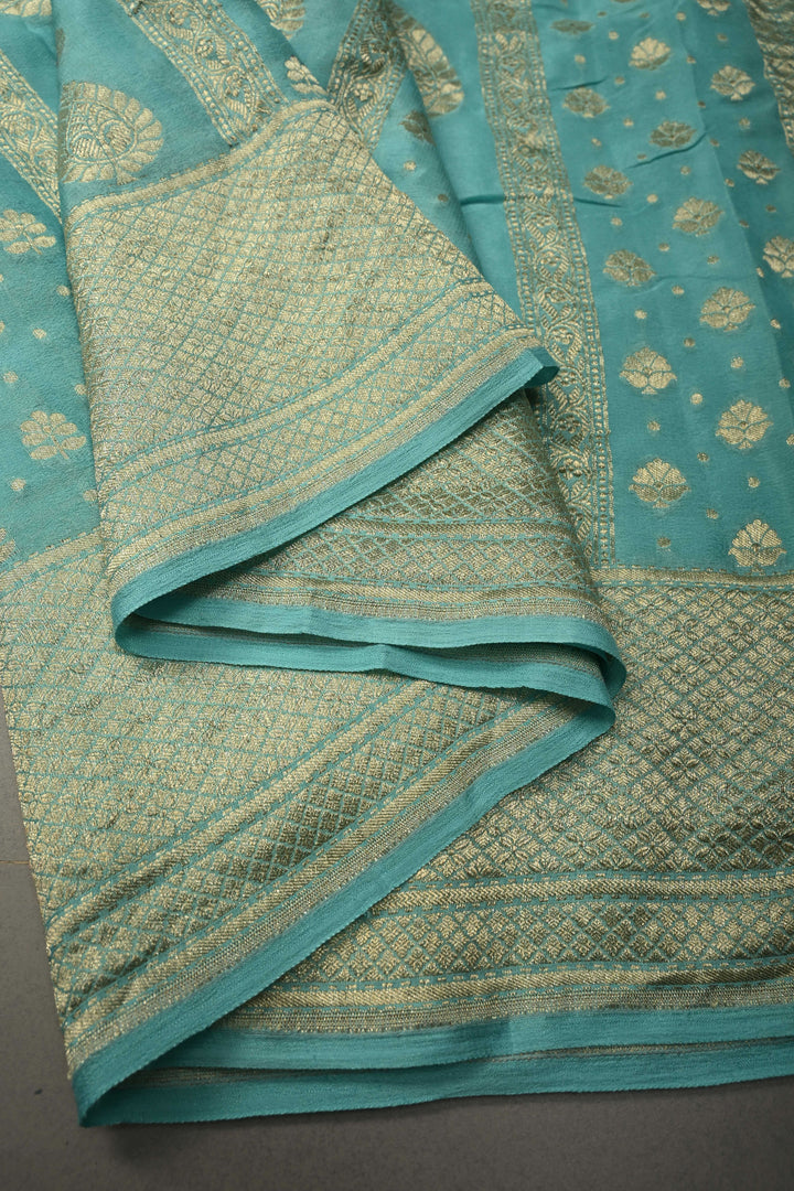 Turquoise Banarasi Georgette Silk Saree with Zari Stripes-Buttas and Zari Border | SILK MARK CERTIFIED | SHOBITAM