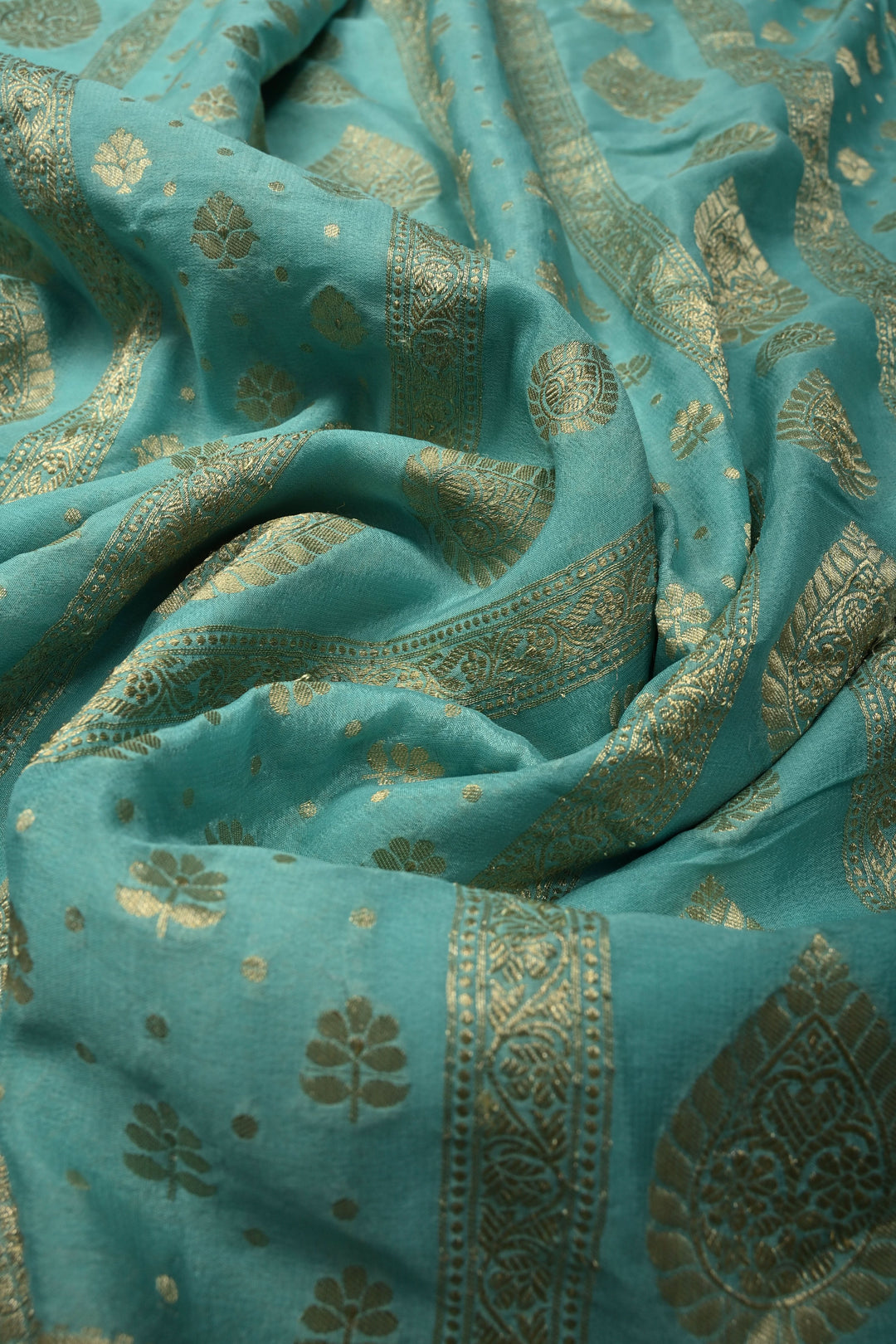 Turquoise Banarasi Georgette Silk Saree with Zari Stripes-Buttas and Zari Border | SILK MARK CERTIFIED | SHOBITAM