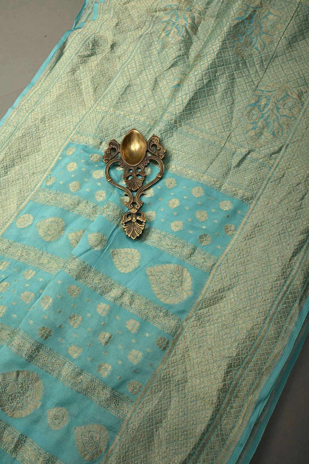 Turquoise Banarasi Georgette Silk Saree with Zari Stripes-Buttas and Zari Border | SILK MARK CERTIFIED | SHOBITAM