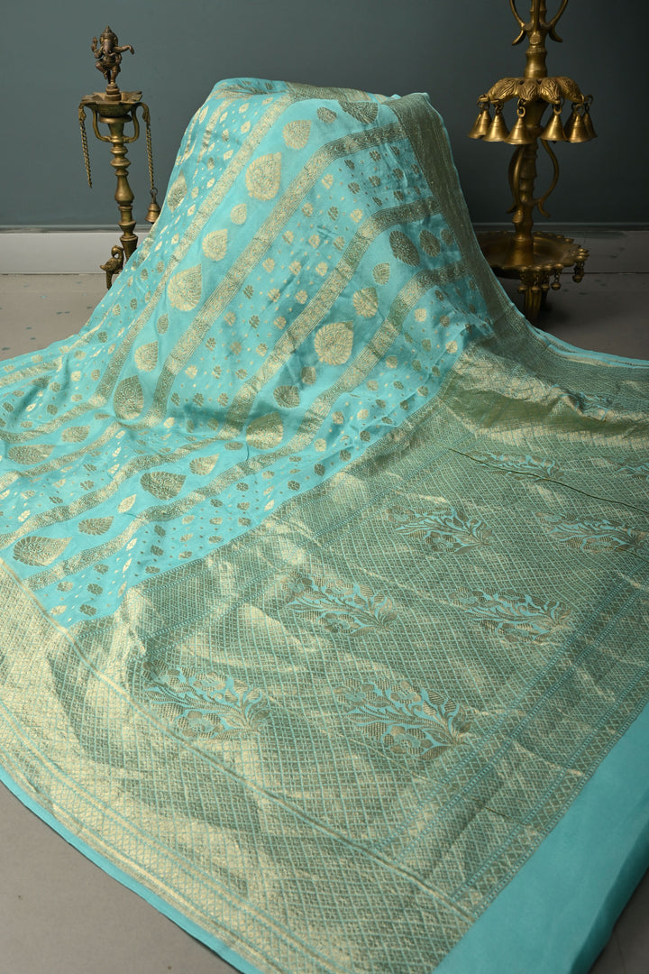 Turquoise Banarasi Georgette Silk Saree with Zari Stripes-Buttas and Zari Border | SILK MARK CERTIFIED | SHOBITAM