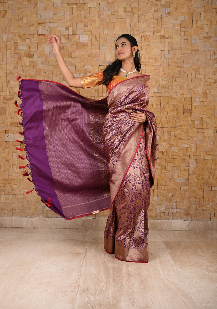 Purple Banarasi Katan Silk Saree with Antique Rose Brocade Jaal and Borders | SILK MARK CERTIFIED