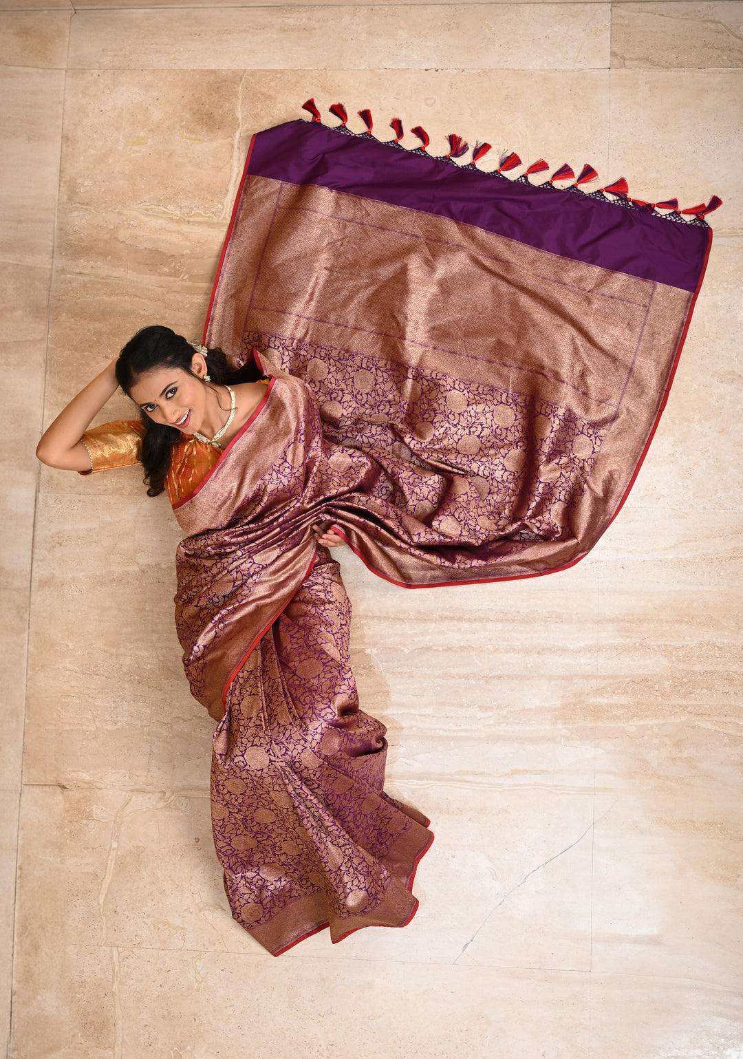 Purple Banarasi Katan Silk Saree with Antique Rose Brocade Jaal and Borders | SILK MARK CERTIFIED