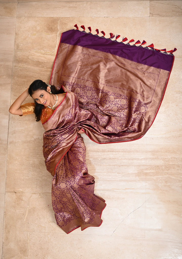 Purple Banarasi Katan Silk Saree with Antique Rose Brocade Jaal and Borders | SILK MARK CERTIFIED
