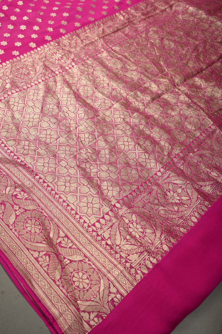 Fuchsia Pink Banarasi Georgette Silk Saree with Floral Zari Buttas Brocade and Zari Border | SILK MARK CERTIFIED | SHOBITAM