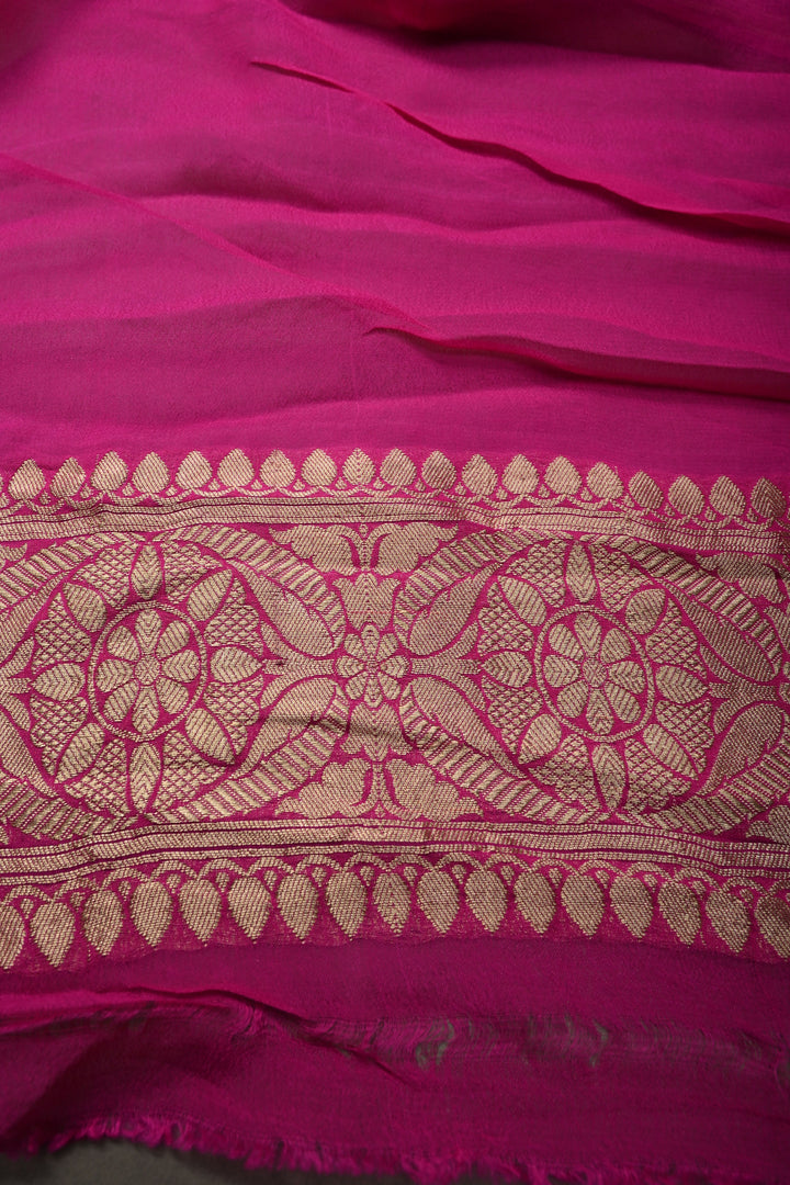 Fuchsia Pink Banarasi Georgette Silk Saree with Floral Zari Buttas Brocade and Zari Border | SILK MARK CERTIFIED | SHOBITAM