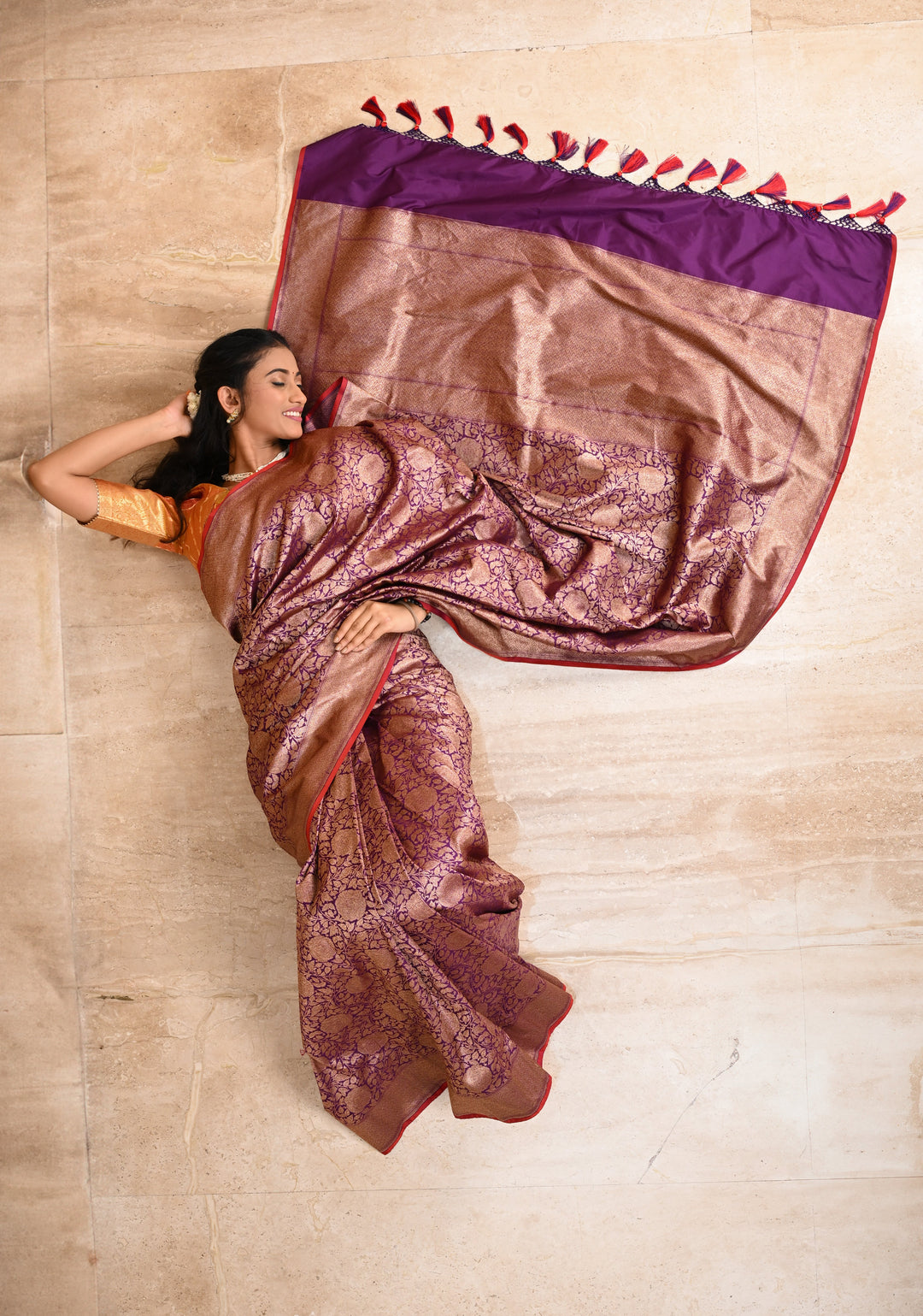 Purple Banarasi Katan Silk Saree with Antique Rose Brocade Jaal and Borders | SILK MARK CERTIFIED