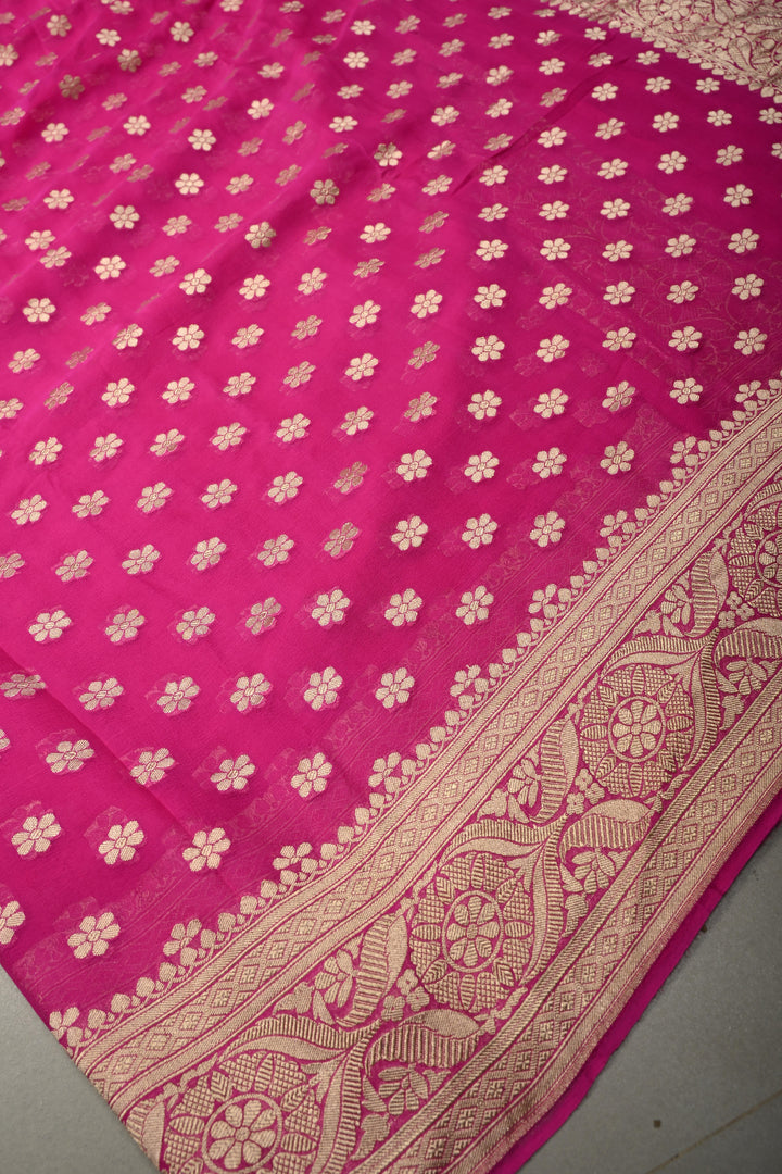 Fuchsia Pink Banarasi Georgette Silk Saree with Floral Zari Buttas Brocade and Zari Border | SILK MARK CERTIFIED | SHOBITAM