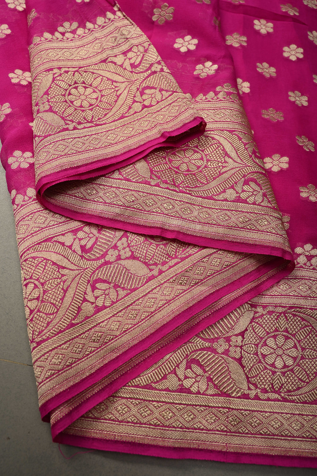 Fuchsia Pink Banarasi Georgette Silk Saree with Floral Zari Buttas Brocade and Zari Border | SILK MARK CERTIFIED | SHOBITAM