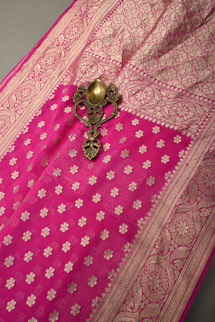 Fuchsia Pink Banarasi Georgette Silk Saree with Floral Zari Buttas Brocade and Zari Border | SILK MARK CERTIFIED | SHOBITAM