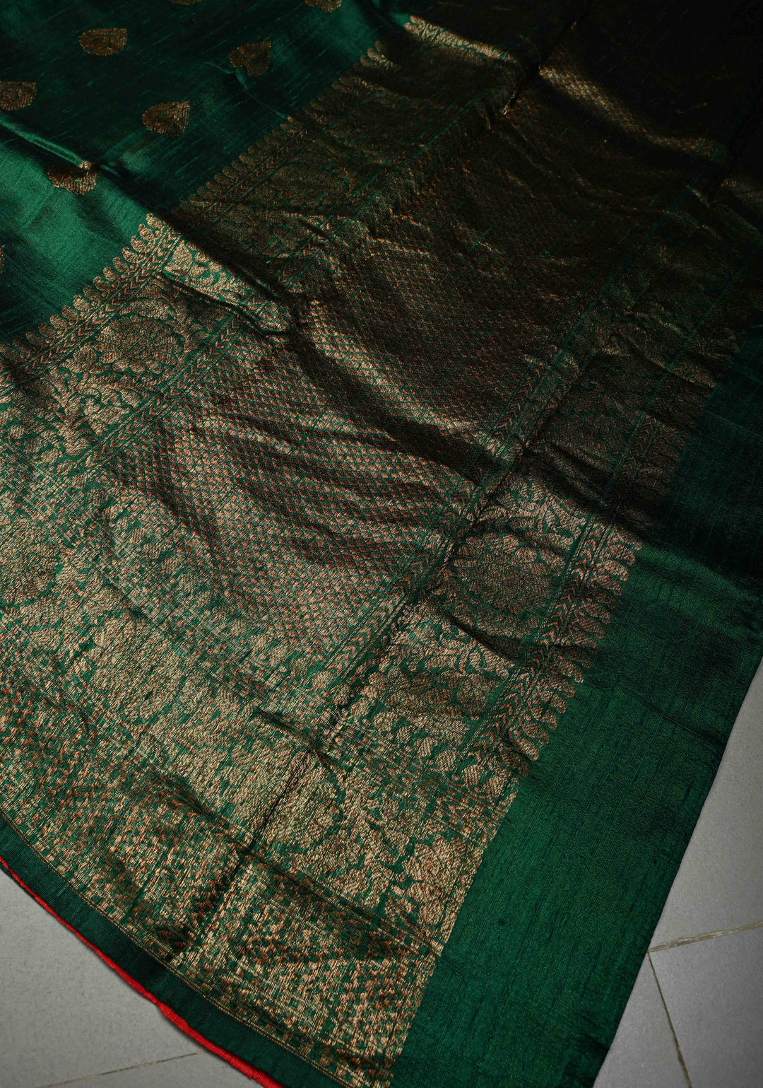 Deep Emerald Green Banarasi Raw Silk Saree with Antique Zari Buttas and Zari Border | SILK MARK CERTIFIED