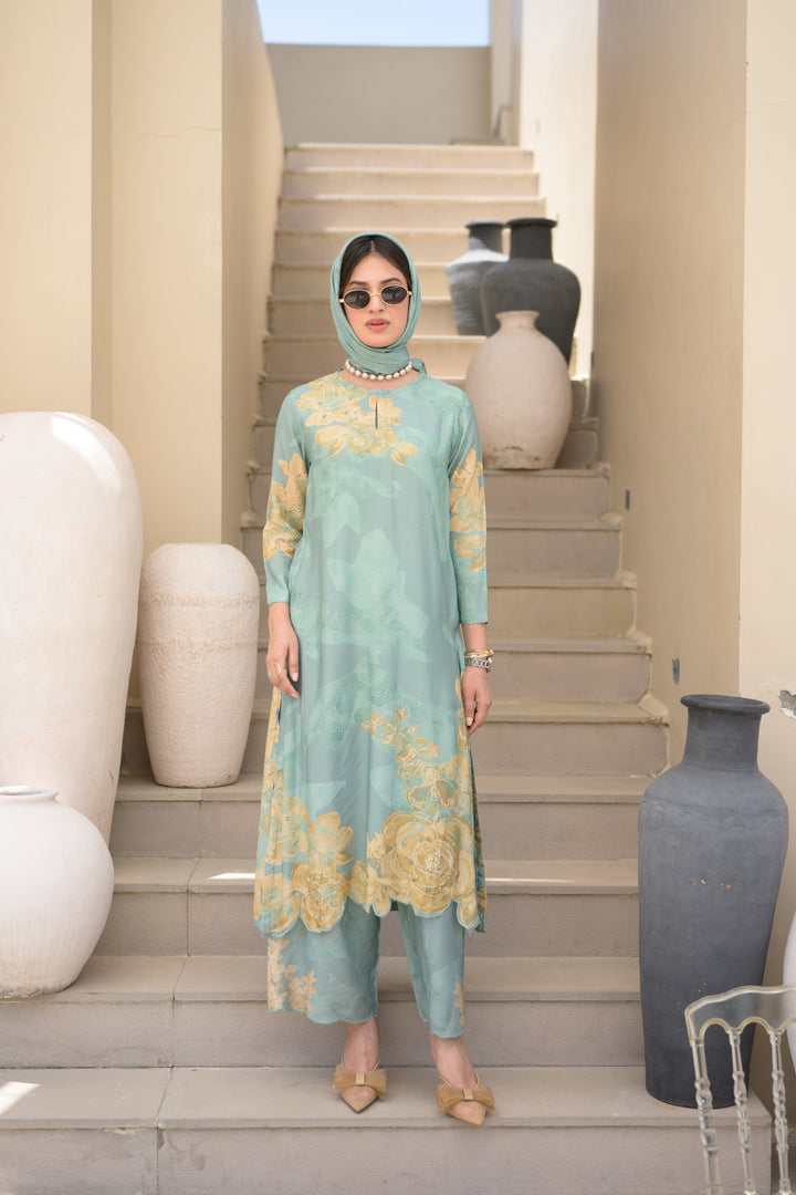 Seafoam Green Cut Work Scallope Muslin Kurta with Yellow Organza Border Embroidered Scallope Pant Set- SET OF-2 | SHOBITAM