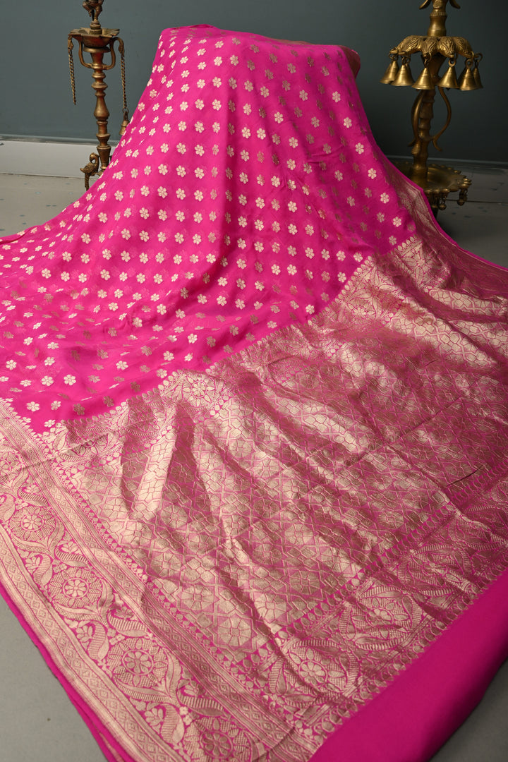 Fuchsia Pink Banarasi Georgette Silk Saree with Floral Zari Buttas Brocade and Zari Border | SILK MARK CERTIFIED | SHOBITAM