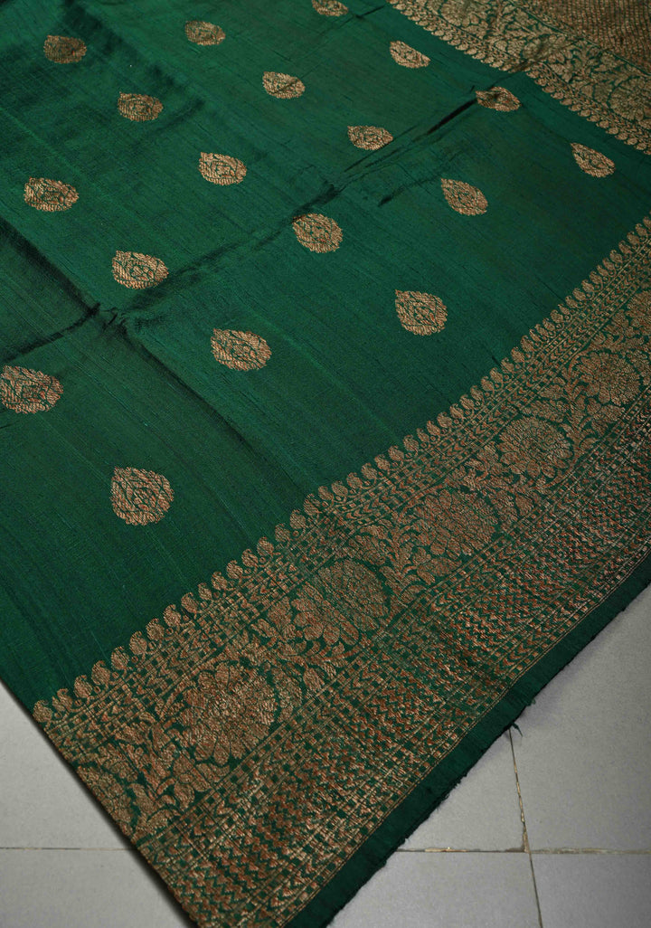 Deep Emerald Green Banarasi Raw Silk Saree with Antique Zari Buttas and Zari Border | SILK MARK CERTIFIED