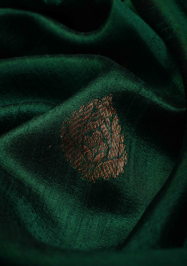 Deep Emerald Green Banarasi Raw Silk Saree with Antique Zari Buttas and Zari Border | SILK MARK CERTIFIED