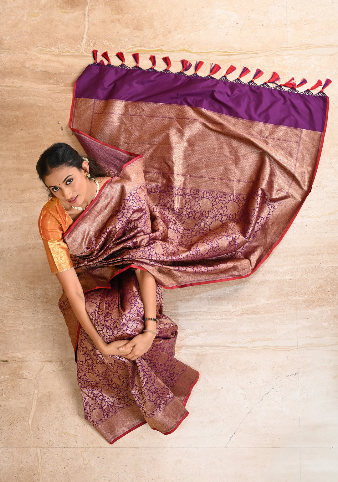 Purple Banarasi Katan Silk Saree with Antique Rose Brocade Jaal and Borders | SILK MARK CERTIFIED