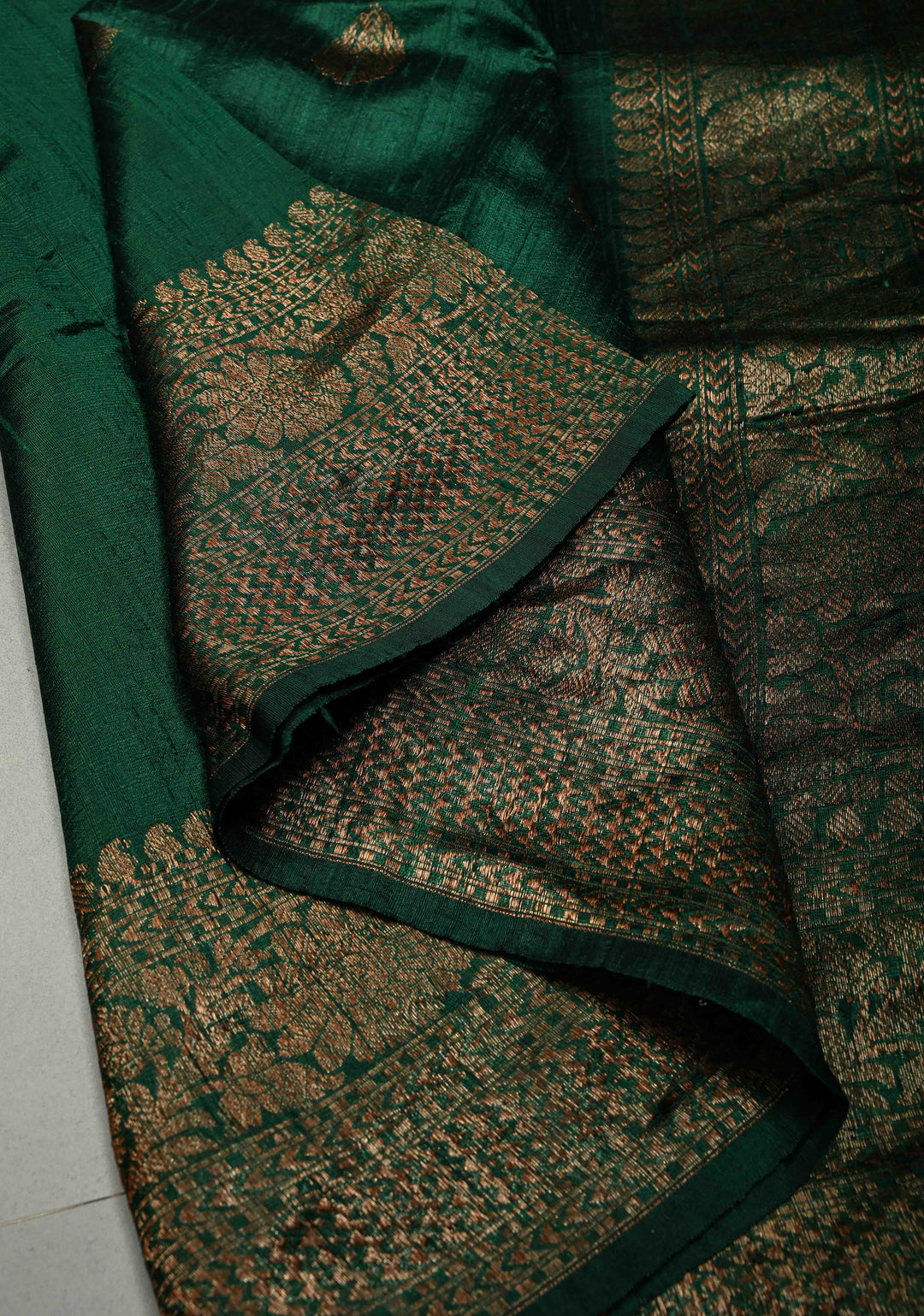 Deep Emerald Green Banarasi Raw Silk Saree with Antique Zari Buttas and Zari Border | SILK MARK CERTIFIED