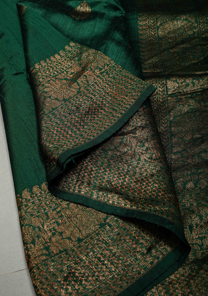 Deep Emerald Green Banarasi Raw Silk Saree with Antique Zari Buttas and Zari Border | SILK MARK CERTIFIED